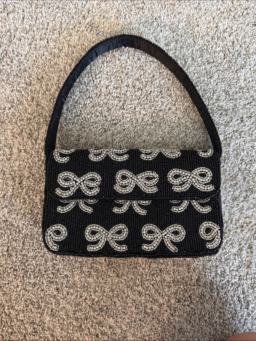 Black Beaded Bow Accent Shoulder Bag
